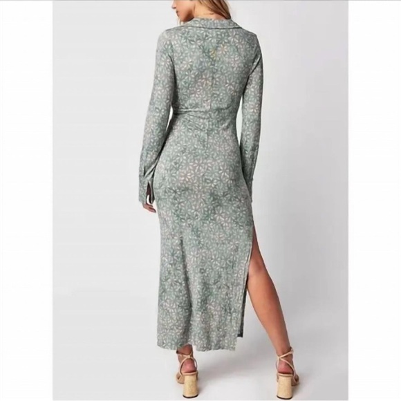Free People Shayla Wrap Midi Dress Mint Combo Green Floral Long Sleeve - Picture 2 of 10
